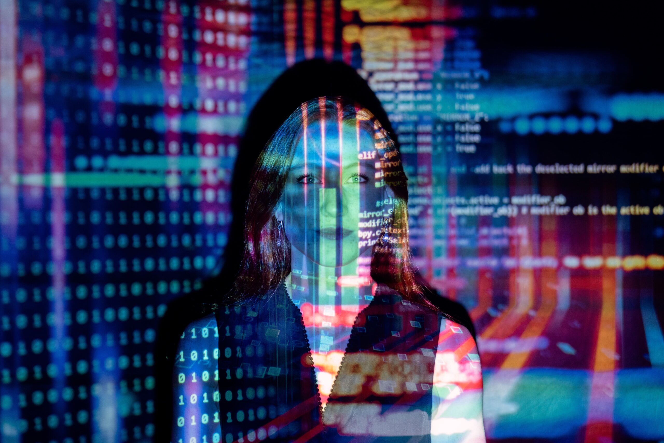 AI code projected onto a woman