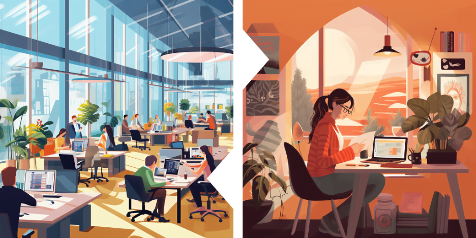Split illustration. One side shows workers in a modern, open plan office. The other shows a home worker.