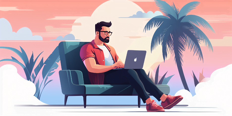 Illustration of a man sitting at a sofa working on a laptop. In the background is a sunset and palm trees.