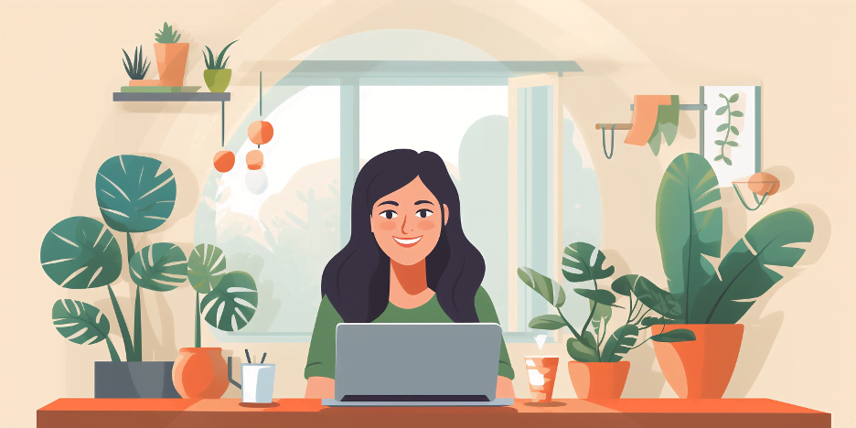 Illustration of a happy lady working at her laptop in her home office