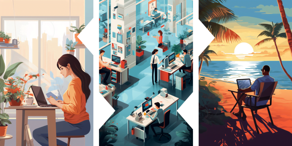 Split illustration showing different ways of hybrid working. There is a woman working at home, a busy office and a man working on the beach