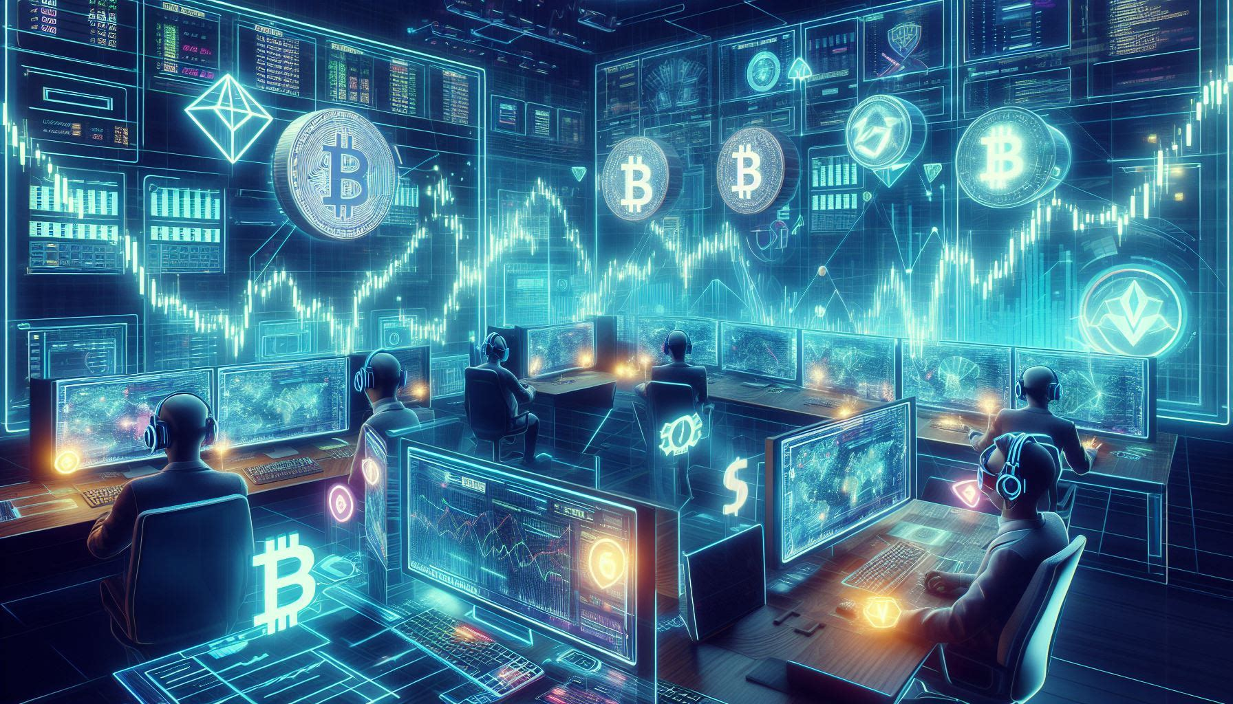 A group of people in an office at a fintech company monitoring cryptocurrency rates.