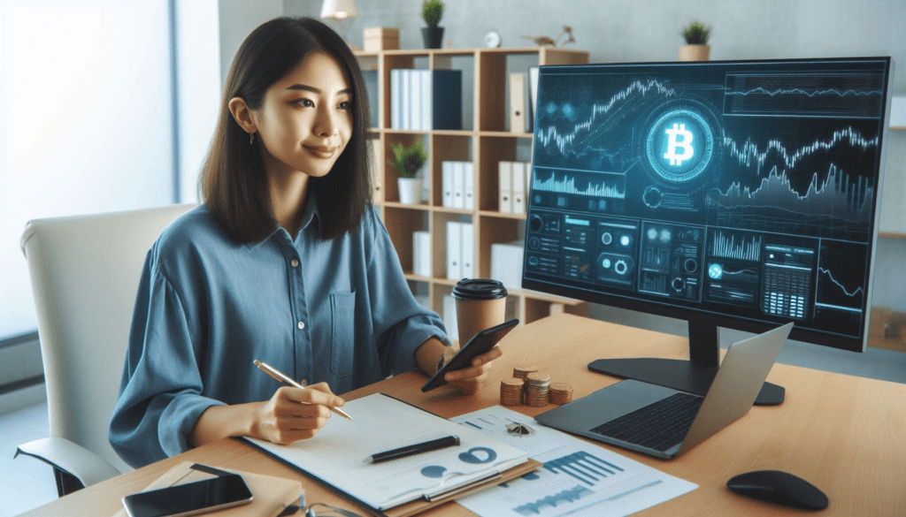 Illustration of a female employee at a Fintech company researching crypto trading.